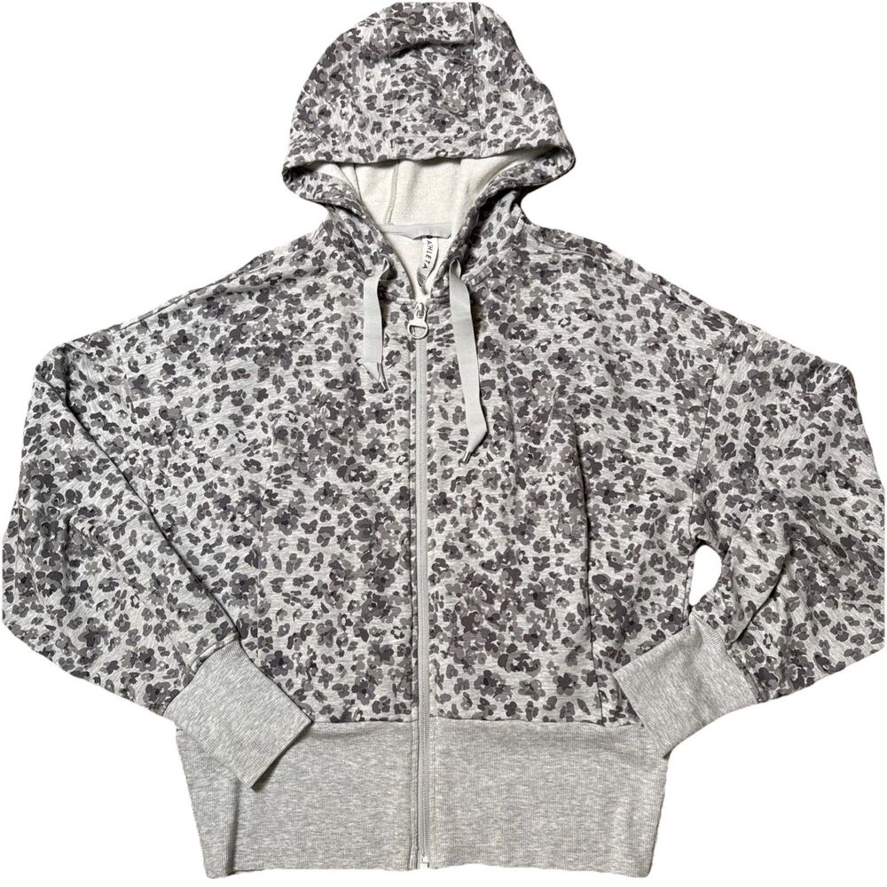 Athleta Hoodie Womens Small Gray Cheetah Full Zip Thumbholes Pullover Athleisure